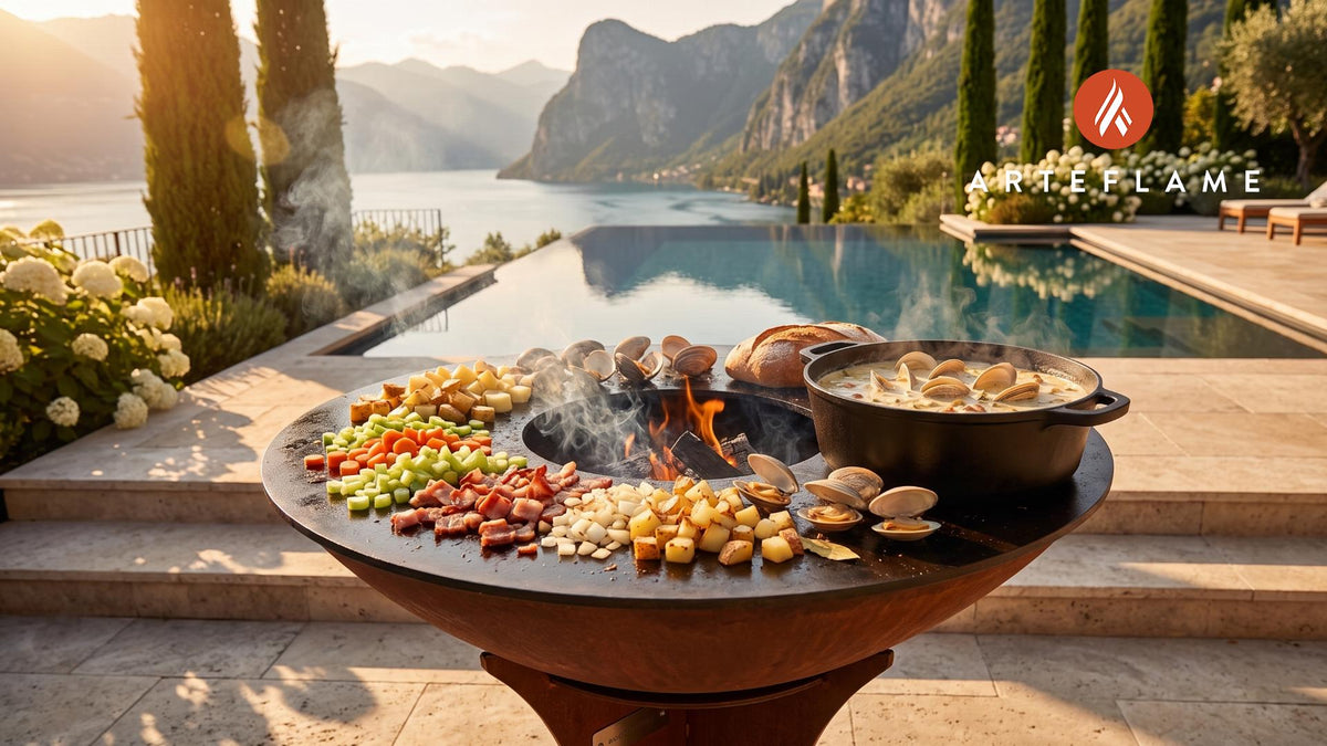 Grilled Clam Chowder cooking on an Arteflame grill