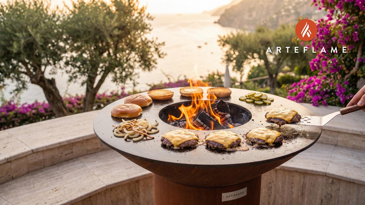 Smash Burger with Cheese cooking on an Arteflame grill