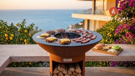 Seared Smash Burger with Bacon & Cheese cooking on an Arteflame grill