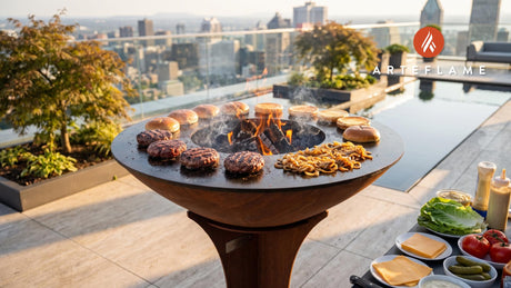Juicy Bison Burgers with Caramelized Onions cooking on an Arteflame grill