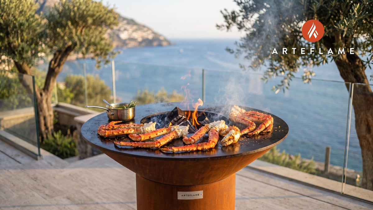 Grilled Alaskan King Crab cooking on an Arteflame grill
