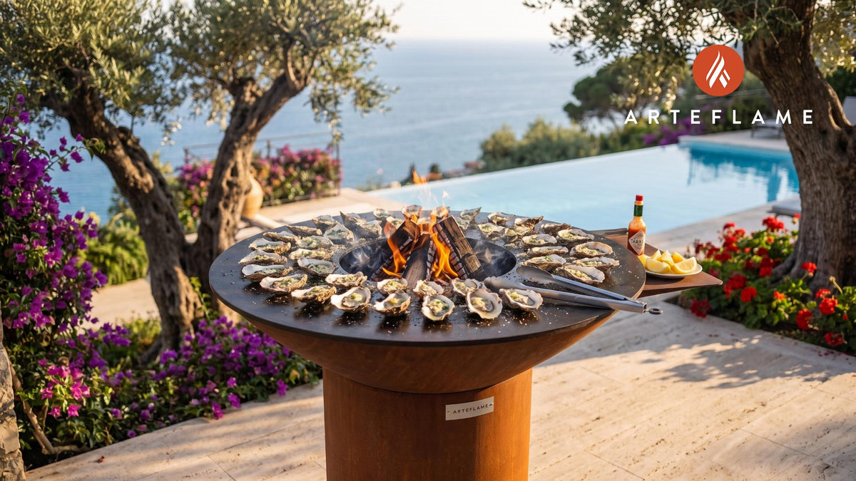 Wood-Fired Grilled Oysters with Garlic Butter cooking on an Arteflame grill