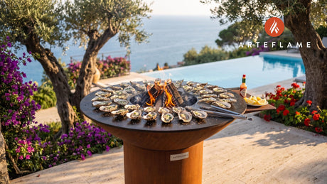 Wood-Fired Grilled Oysters with Garlic Butter cooking on an Arteflame grill