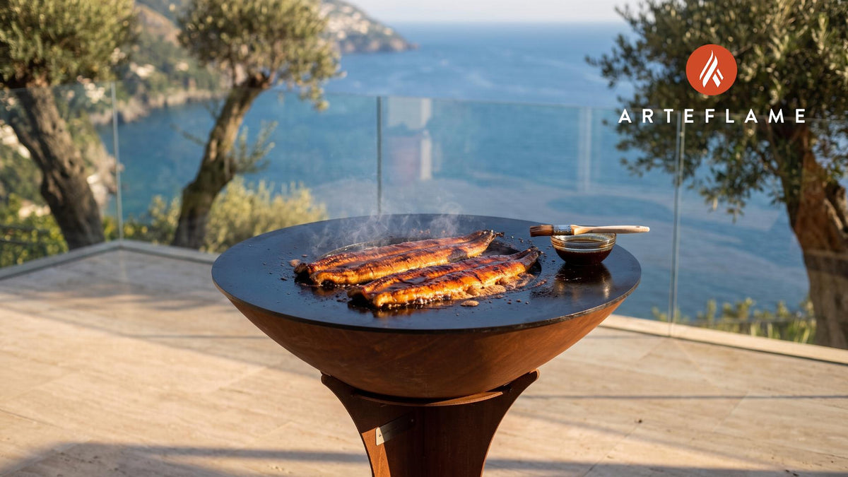 Grilled Eel with Teriyaki Glaze cooking on an Arteflame grill