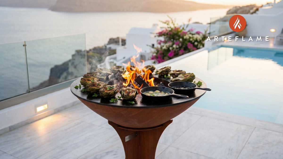 Charred Grilled Artichokes cooking on an Arteflame grill