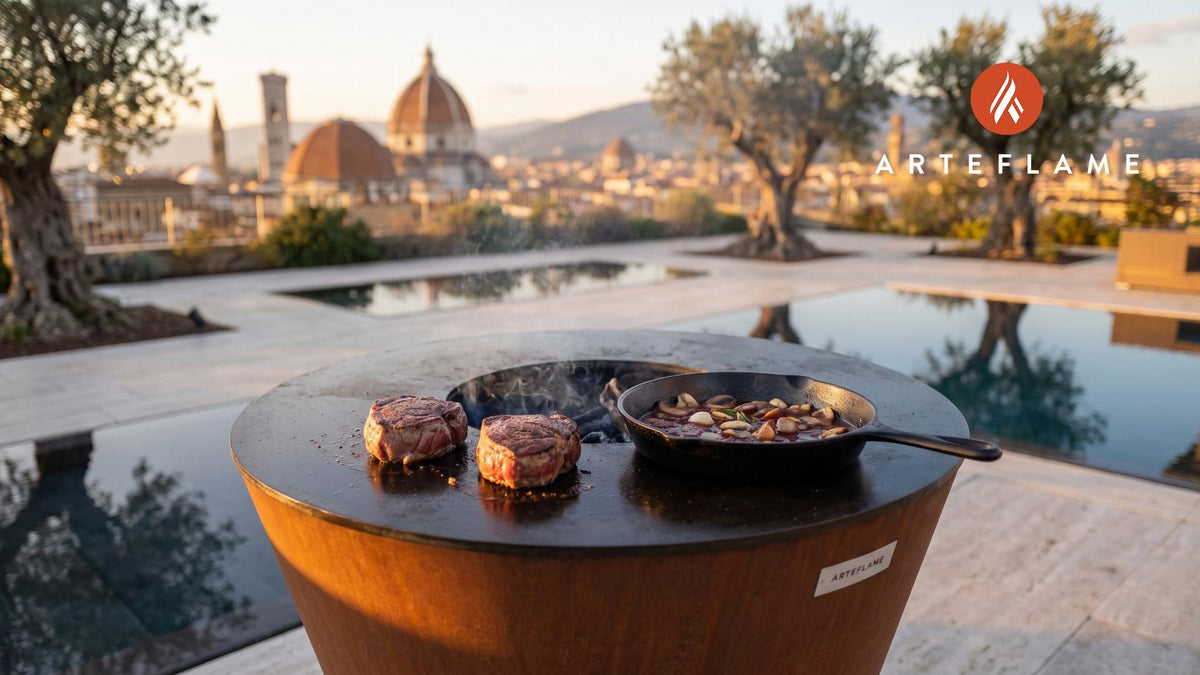 Grilled Filet Mignon & Red Wine Mushroom Sauce cooking on an Arteflame grill