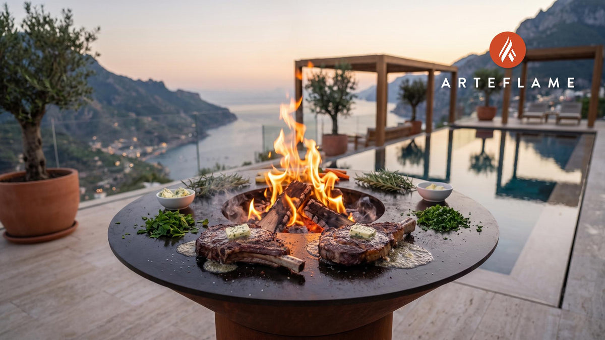 Seared Bone-In Strip Steak & Garlic Rosemary Butter cooking on an Arteflame grill