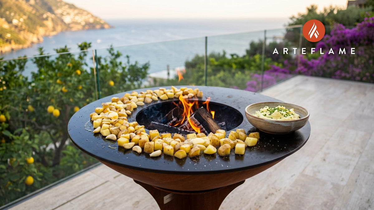 Whipped Potatoes with Grilled Garlic cooking on an Arteflame grill