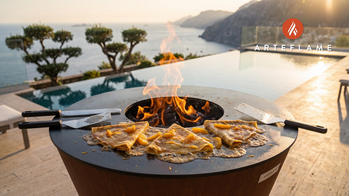 Crepes Suzette Flambé cooking on an Arteflame grill