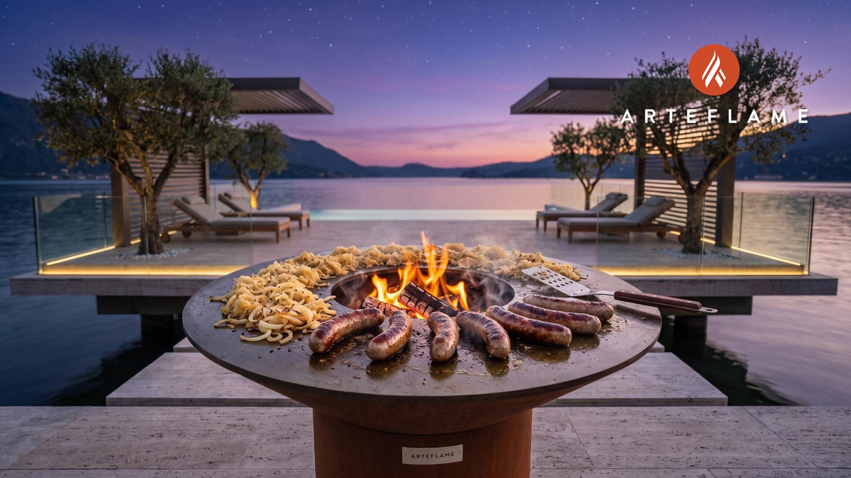 Grilled Bratwurst with Sauerkraut cooking on an Arteflame grill