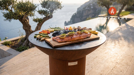 Cedar Plank Grilled Salmon cooking on an Arteflame grill