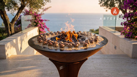 Wood-Fired Swedish Meatballs with Creamy Sauce cooking on an Arteflame grill