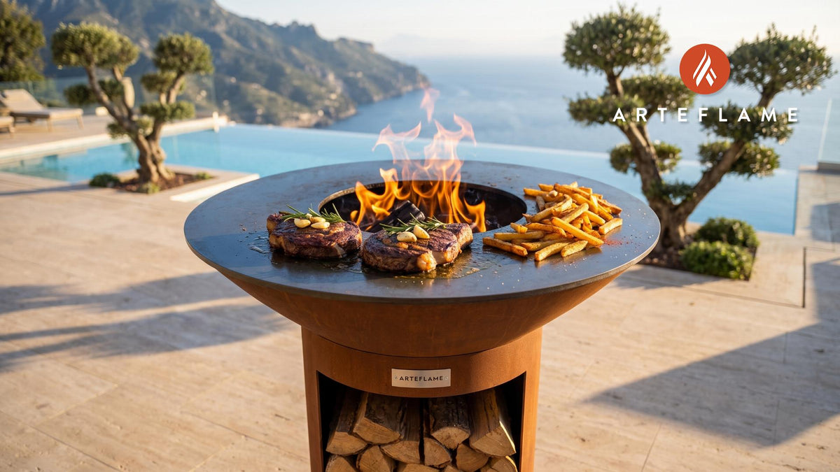 Steak Frites cooking on an Arteflame grill