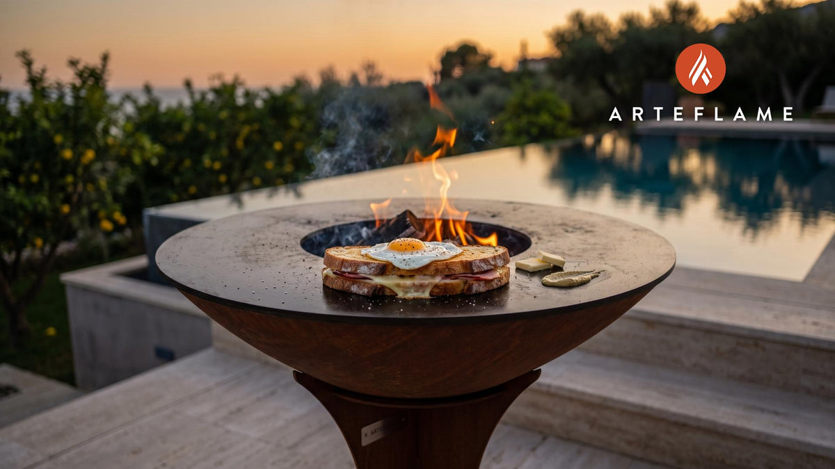 Grilled Croque Madame cooking on an Arteflame grill