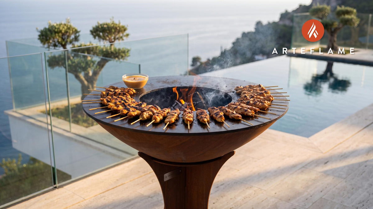 Juicy Grilled Chicken Satay with Peanut Sauce cooking on an Arteflame grill