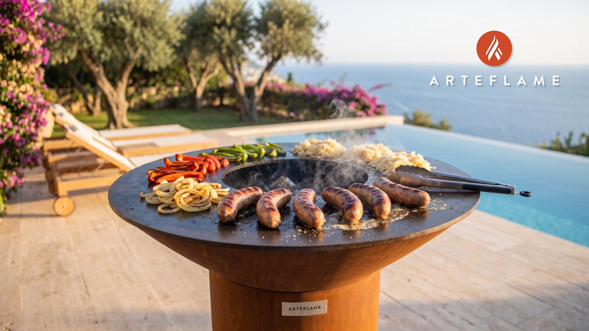 Grilled Brats & Sauerkraut (Oktoberfest Feast) cooking on an Arteflame grill