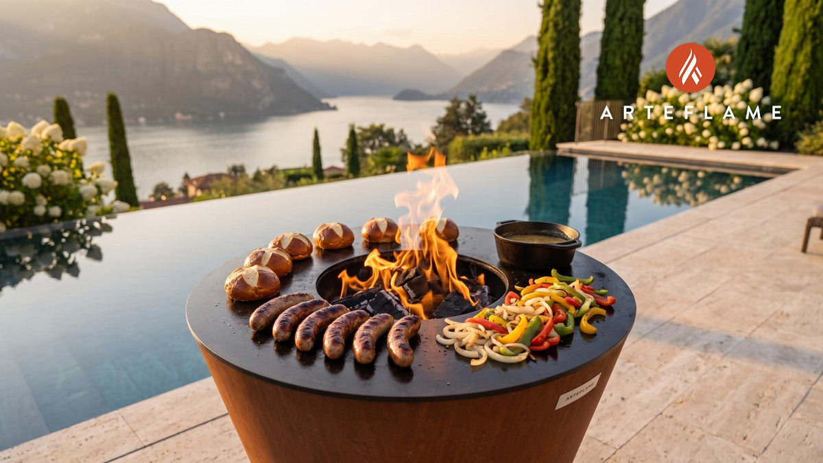 Grilled Bratwurst & Pretzel Buns (Oktoberfest) cooking on an Arteflame grill