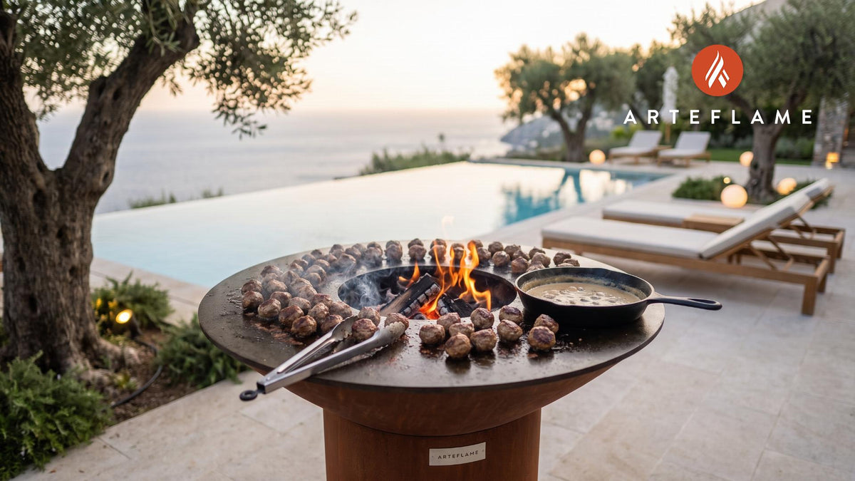 Grilled Swedish Kottbullar cooking on an Arteflame grill