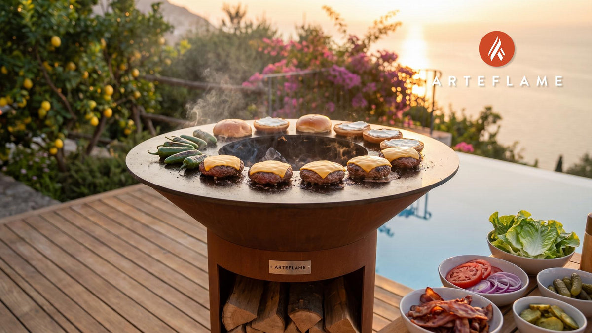 Wood-Fired Jalapeño Burger with Cream Cheese cooking on an Arteflame grill
