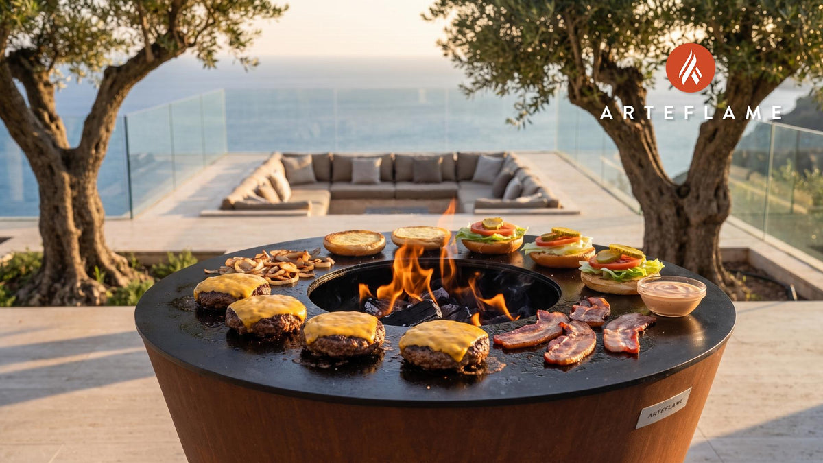 Grilled Oh My God Burger cooking on an Arteflame grill