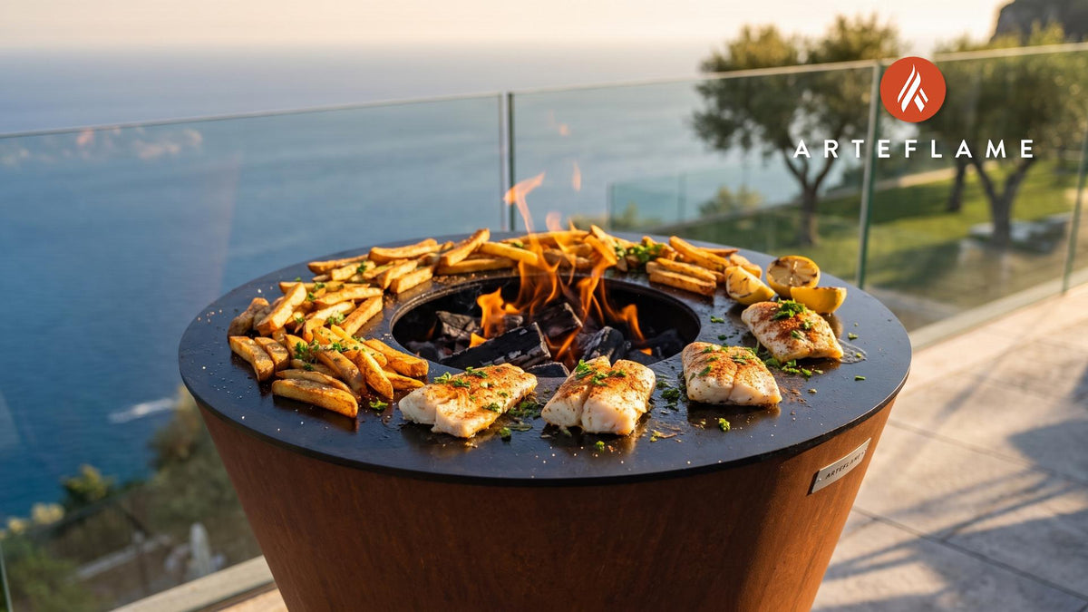 Grilled Fish and Chips cooking on an Arteflame grill