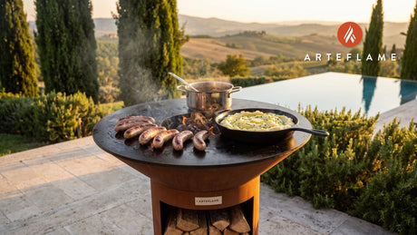 Juicy Grilled Bangers and Mash with Onion Gravy cooking on an Arteflame grill