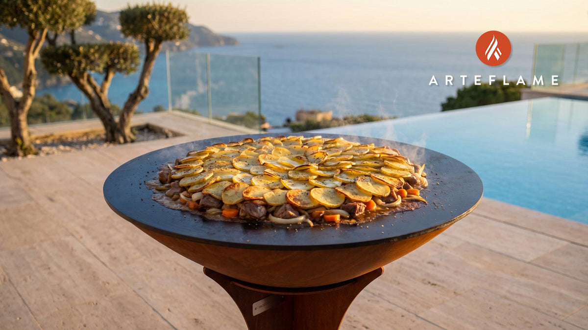 Grilled Lancashire Hotpot cooking on an Arteflame grill