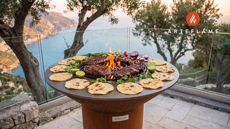Grilled Carne Asada & Lime Tortillas cooking on an Arteflame grill