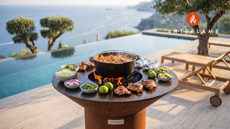 Grilled Chicken Pozole with Hominy & Lime cooking on an Arteflame grill