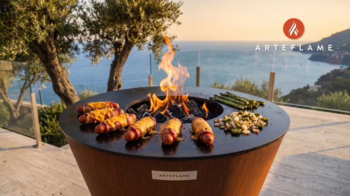 Grilled Bacon Wrapped Hot Dogs cooking on an Arteflame grill