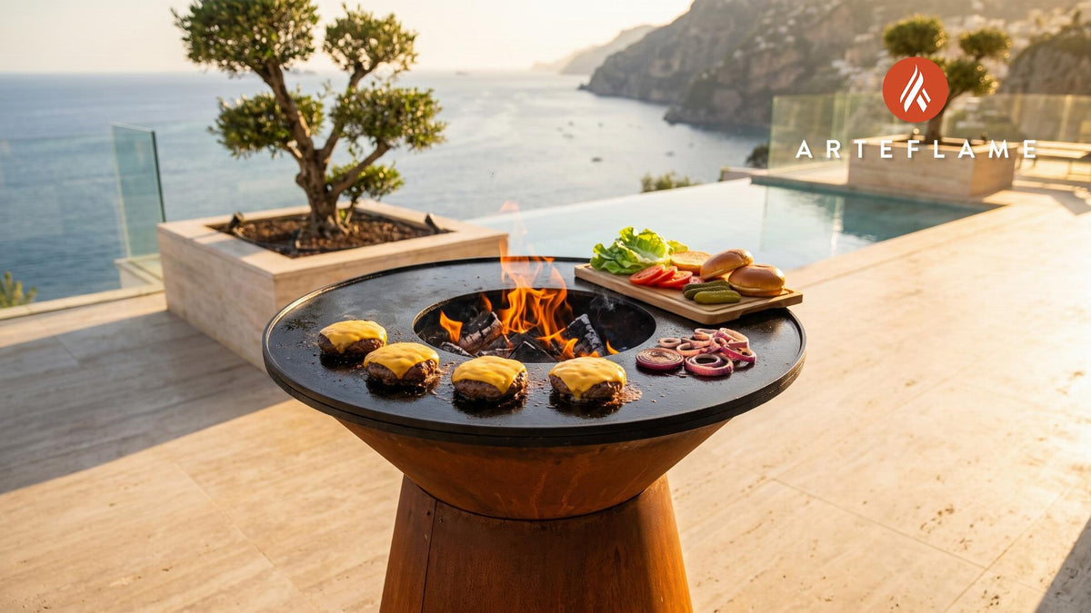 Juicy Grilled Hamburgers with Cheese & Toppings cooking on an Arteflame grill