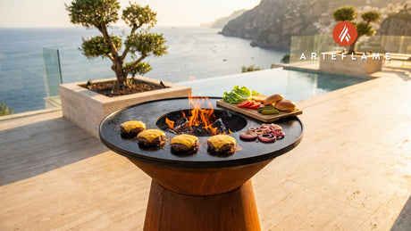 Juicy Grilled Hamburgers with Cheese & Toppings cooking on an Arteflame grill