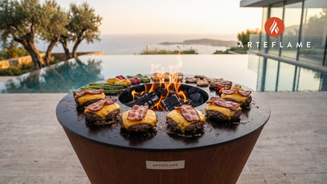 Juicy Grilled Burgers with Bacon & Cheese cooking on an Arteflame grill