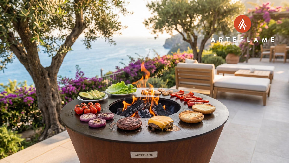 Grilled Boca Burger with Charred Veggie Toppings cooking on an Arteflame grill