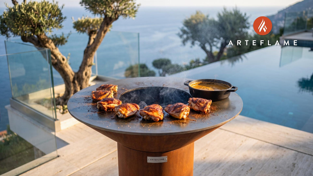 Juicy Grilled Chicken Thighs with Curry Peanut Sauce cooking on an Arteflame grill