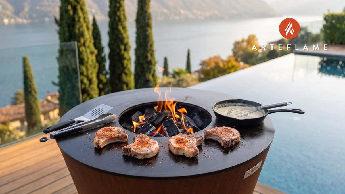 Juicy Grilled Pork Chops with Creamy Bechamel cooking on an Arteflame grill