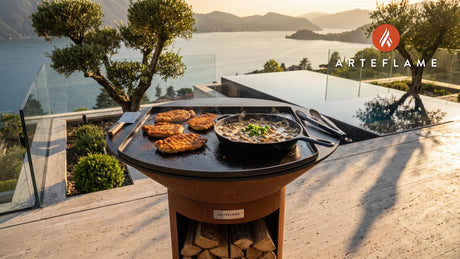 Grilled Rahmschnitzel cooking on an Arteflame grill