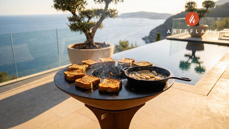 Grilled Bananas Foster French Toast (Wood-Fired) cooking on an Arteflame grill