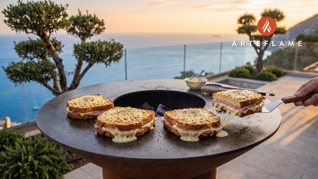 Grilled Croque Monsieur with Raclette Cheese cooking on an Arteflame grill