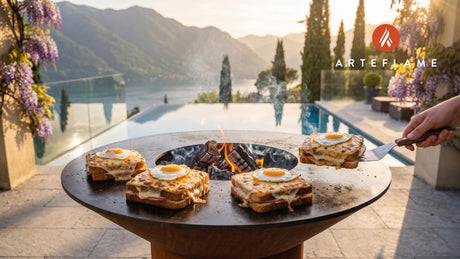 Grilled Croque Madame with Bechamel Sauce cooking on an Arteflame grill