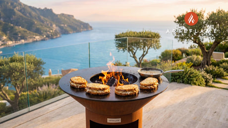 Grilled Chicken Croque Monsieur (Poulet Béchamel) cooking on an Arteflame grill