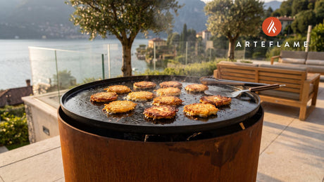 Crispy Grilled Potato Pancakes (Flat Top Style) cooking on an Arteflame grill