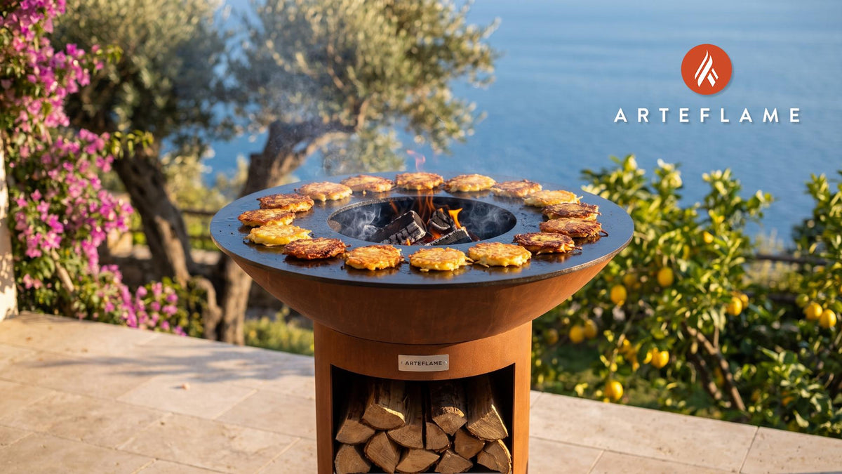 Crispy Grilled Potato Pancakes cooking on an Arteflame grill