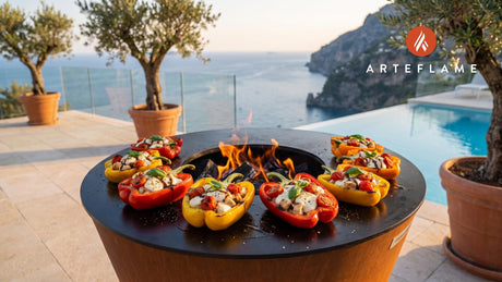 Grilled Caprese Chicken Stuffed Peppers cooking on an Arteflame grill