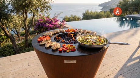 Grilled Pesto Chicken Riggies cooking on an Arteflame grill