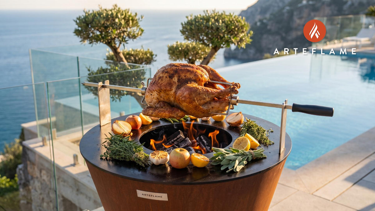 Rotisserie Turkey cooking on an Arteflame grill