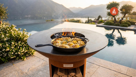 Hasselback Potato Gratin cooking on an Arteflame grill