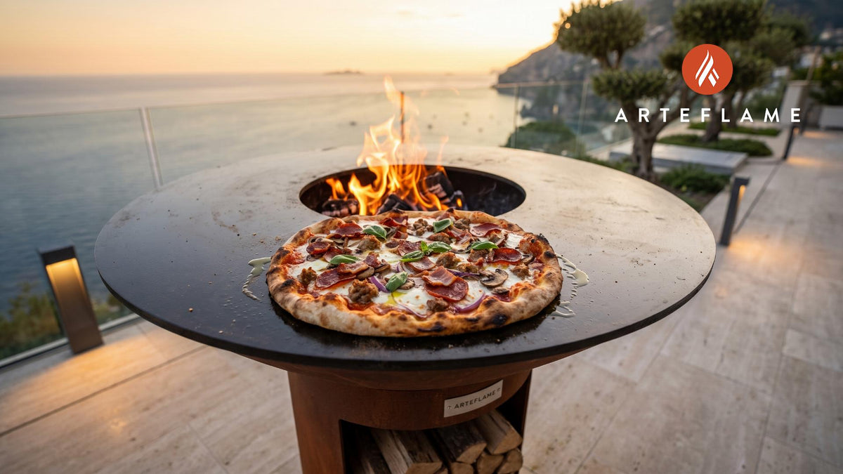 Grilled Meat Lovers Pizza cooking on an Arteflame grill