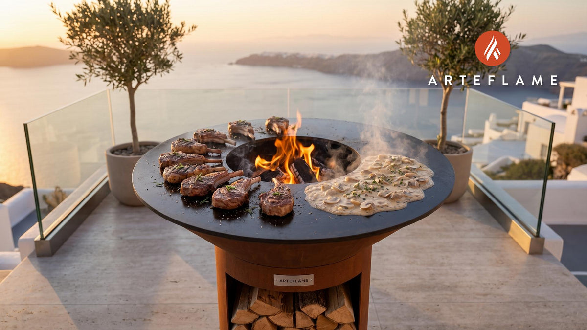 Juicy Grilled Lamb Chops with Mushroom Sauce cooking on an Arteflame grill