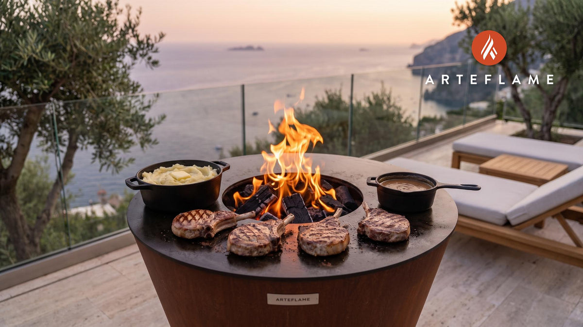 Seared Pork Chops with Mashed Potatoes & Gravy cooking on an Arteflame grill